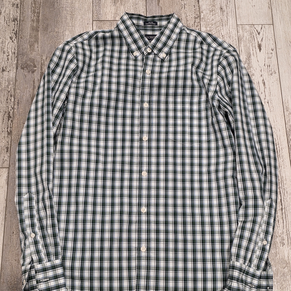 (M) Men's J. Crew Button Down Checkered Green Cotton Slim Untucked Size Medium